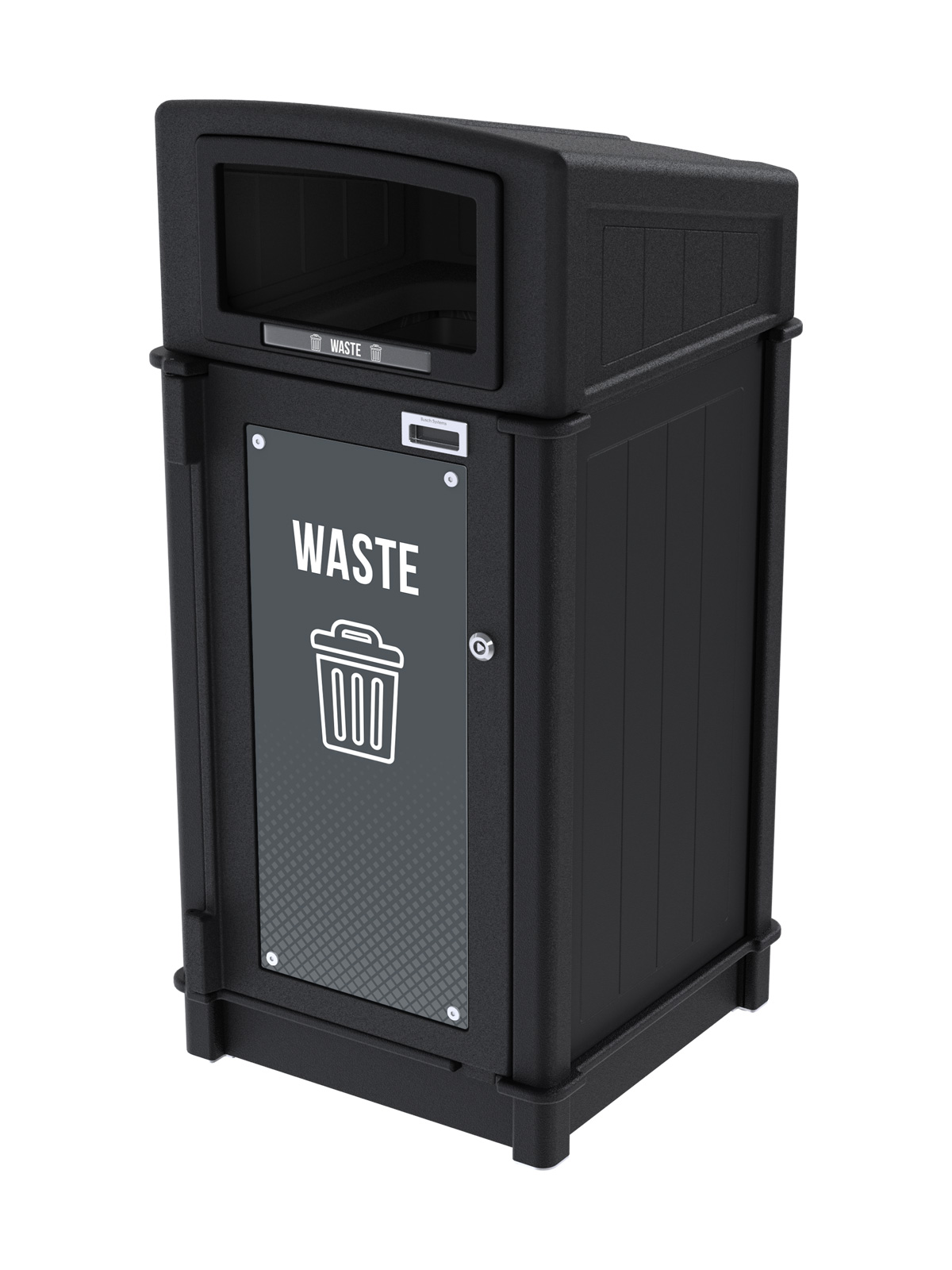 black recycled plastic waste container with sloped canopy lid for collecting waste outdoors with stock door sign and label