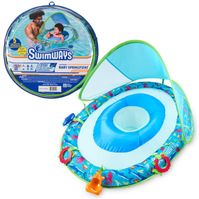 SwimWays Baby Spring Float Splash N' Play, Baby Pool Float with Canopy, Swim Training PFD with Sensory Toys, Swimming Pool Accessories for Kids, Ages 3-24 Months