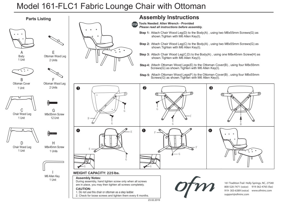 OFM Mid Century Modern Tufted Fabric Lounge Chair with Ottoman, Wood