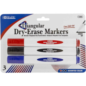 Triangle Dry-Erase Markers, Chisel Tip, Assorted Colors, Pack of 3