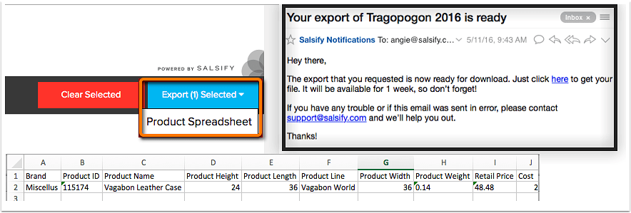 Export dropdown expanded with Product Spreadsheet highlighted