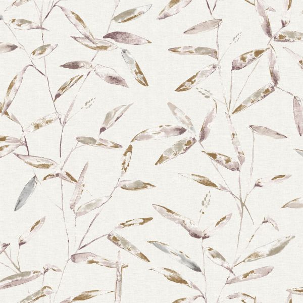 Wallpaper featuring watercolor bamboo-style leaves and slender stems — repeating across the surface — on a light, linen-textured background, soft muted mauve, gold and gray tones for a calm interior.