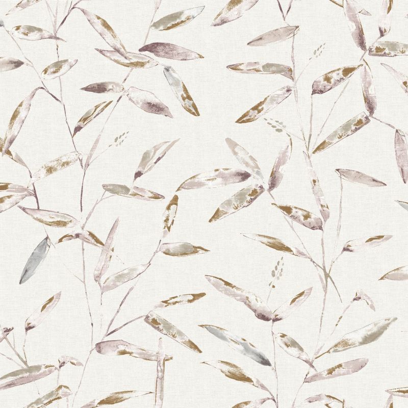 Wallpaper featuring watercolor bamboo-style leaves and slender stems â€” repeating across the surface â€” on a light, linen-textured background, soft muted mauve, gold and gray tones for a calm interior.
