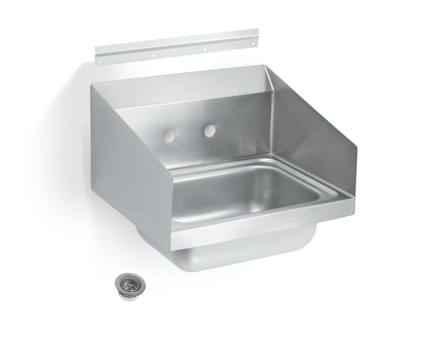 Wall-mount stainless steel hand sink with splash guards and strainer