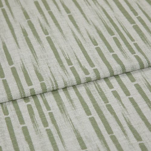 Textured upholstery fabric with vertical olive-green dashed stripes, folded once across the center creating an overlapping seam; close-up view with soft, even lighting and neutral, fabric-only background.