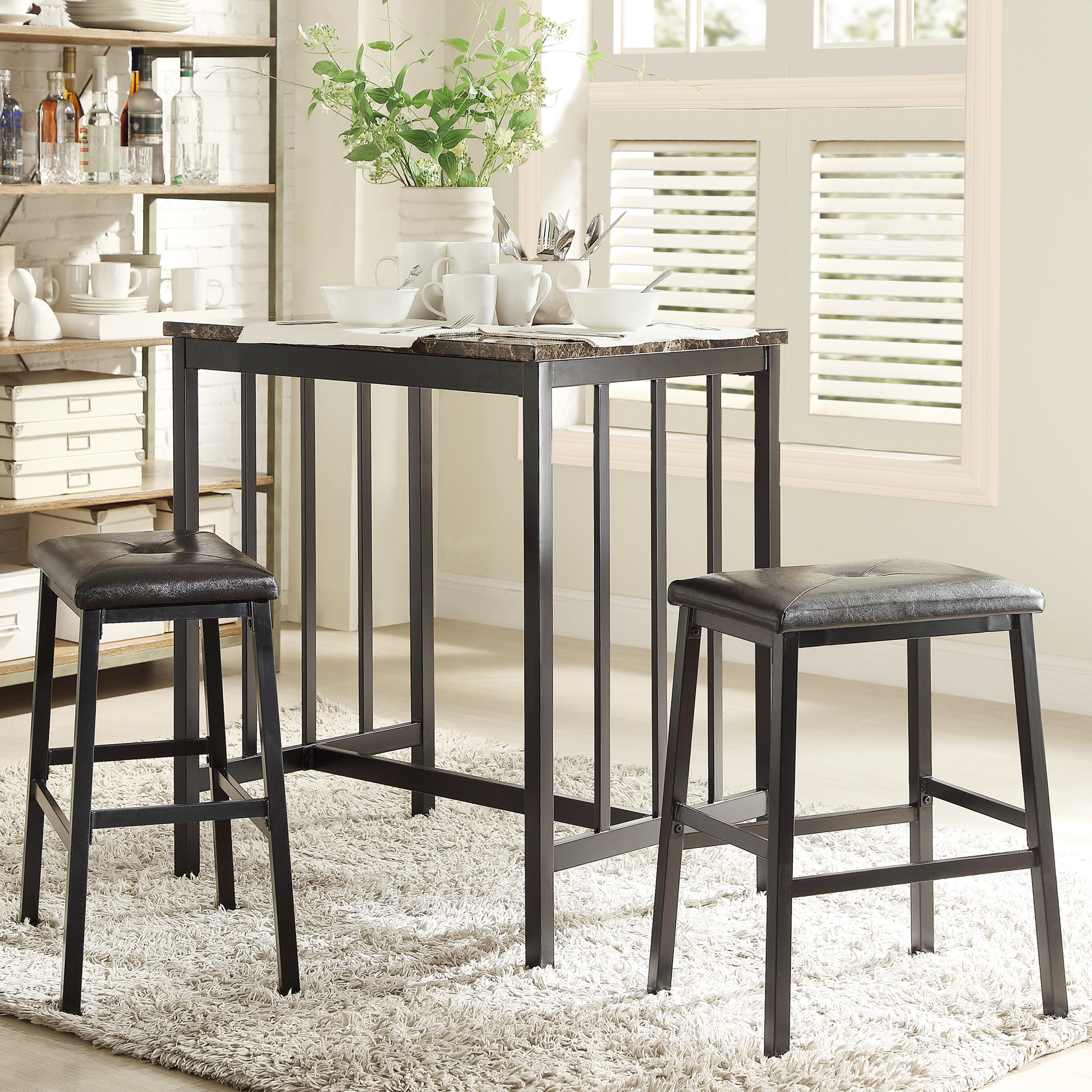 Faux Marble Top Black Metal 3-piece Counter Height Dining Set