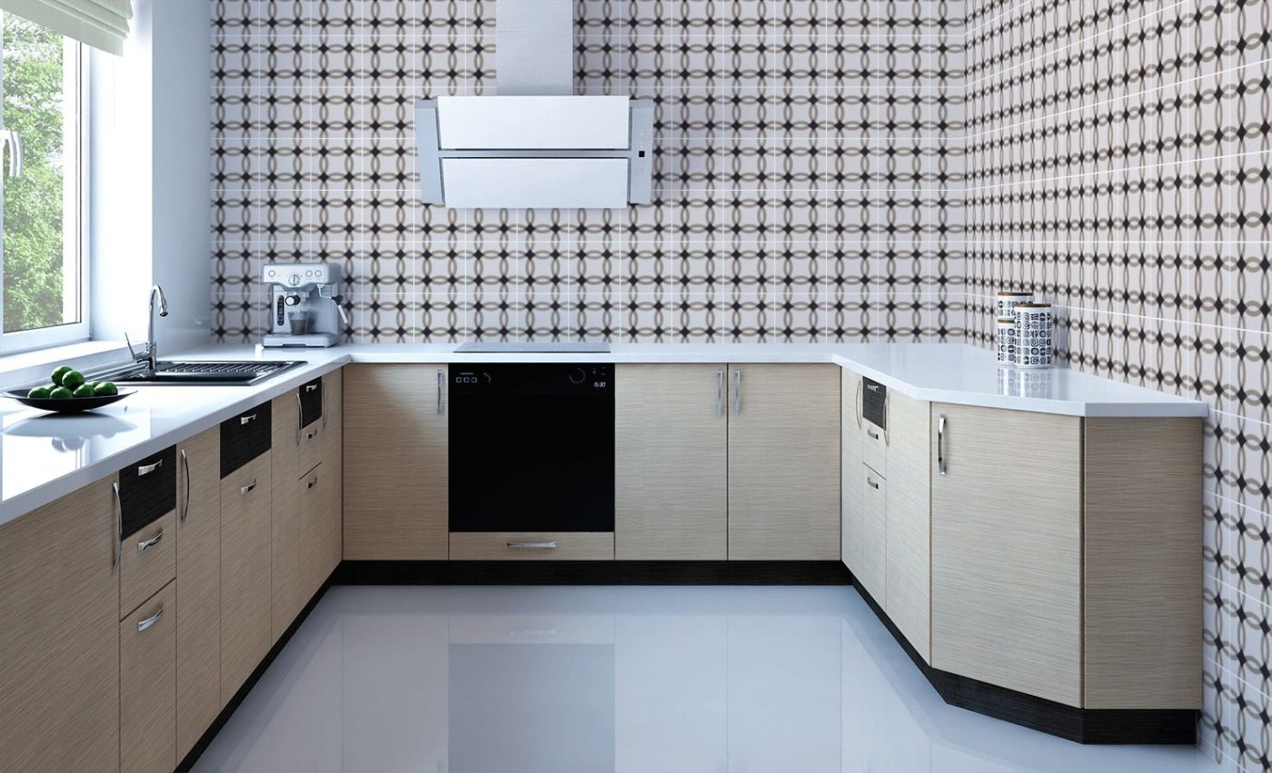 a kitchen with black and white patterned wall tiles.