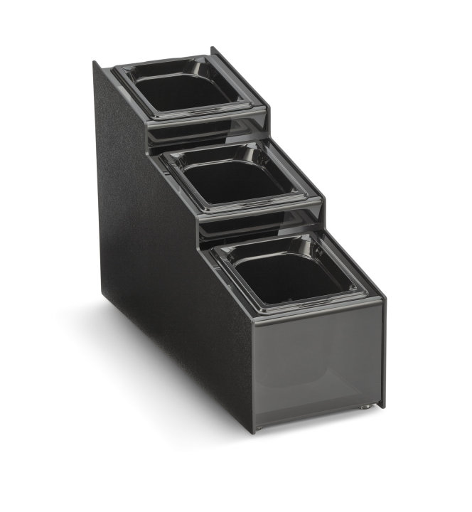 Three-compartment countertop condiment organizer with removable black plastic pans