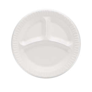 Dart, Quiet Classic® Laminated Foam Plates, 3-Compartment Plate, 9" dia, White