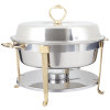 5 ⅘-quart round chafer in mirror finish and classic brass trim with food pan, water pan, dome cover and fuel holder