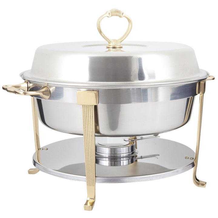 5 ⅘-quart round chafer in mirror finish and classic brass trim with food pan, water pan, dome cover and fuel holder