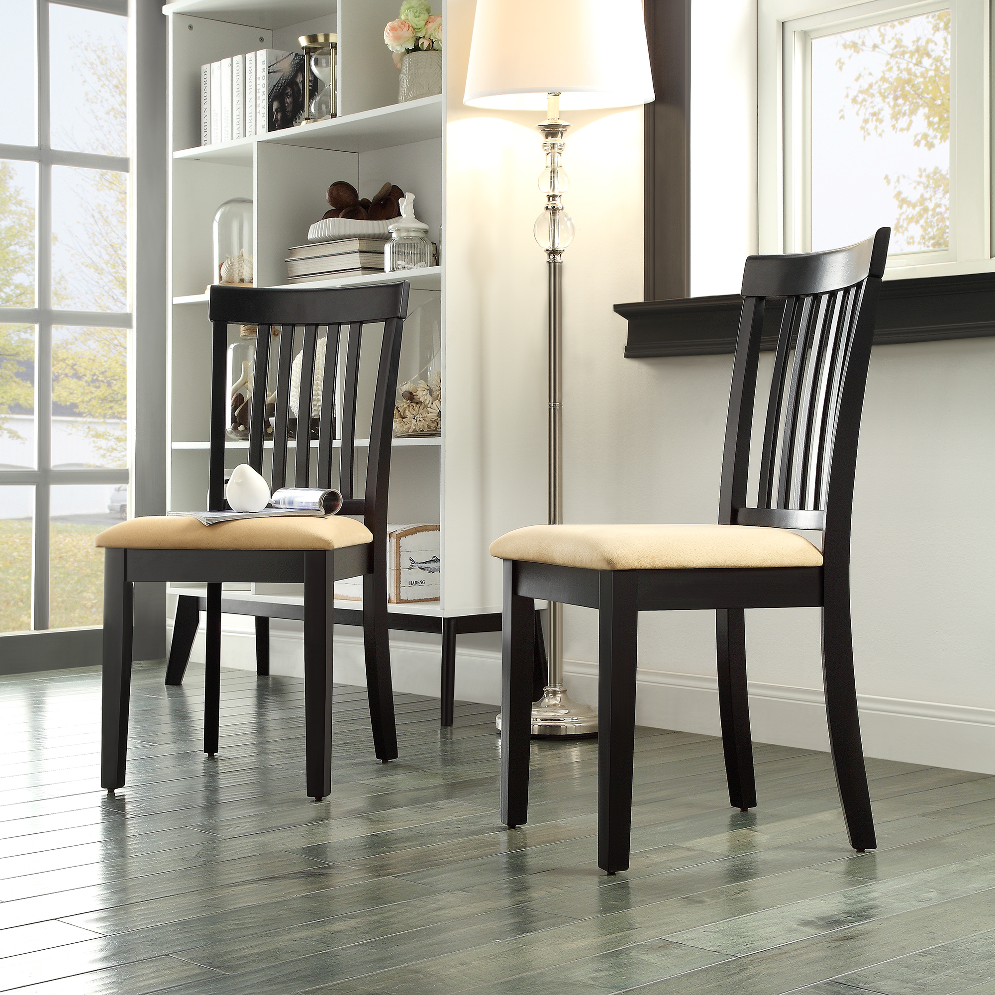 Black Wood Beige Microfiber Dining Chairs (Set of 2)