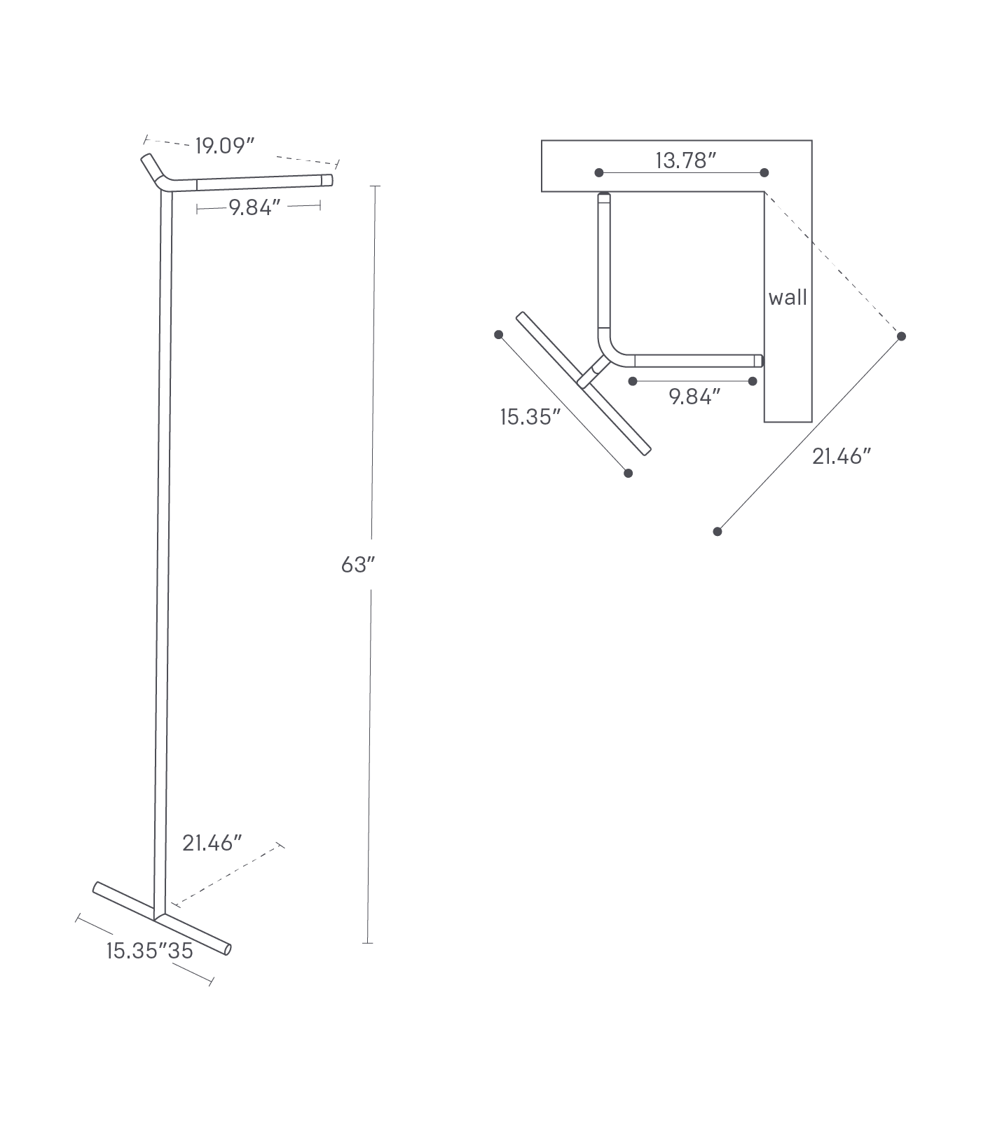 Dimension image for Corner Leaning Coat Rack showing a total height of 63 inches, bottom width of 15.35 inches, bottom distance to wall of 21.46 inches, top width of 19.09 inches and top bar length of 9.84 inches.