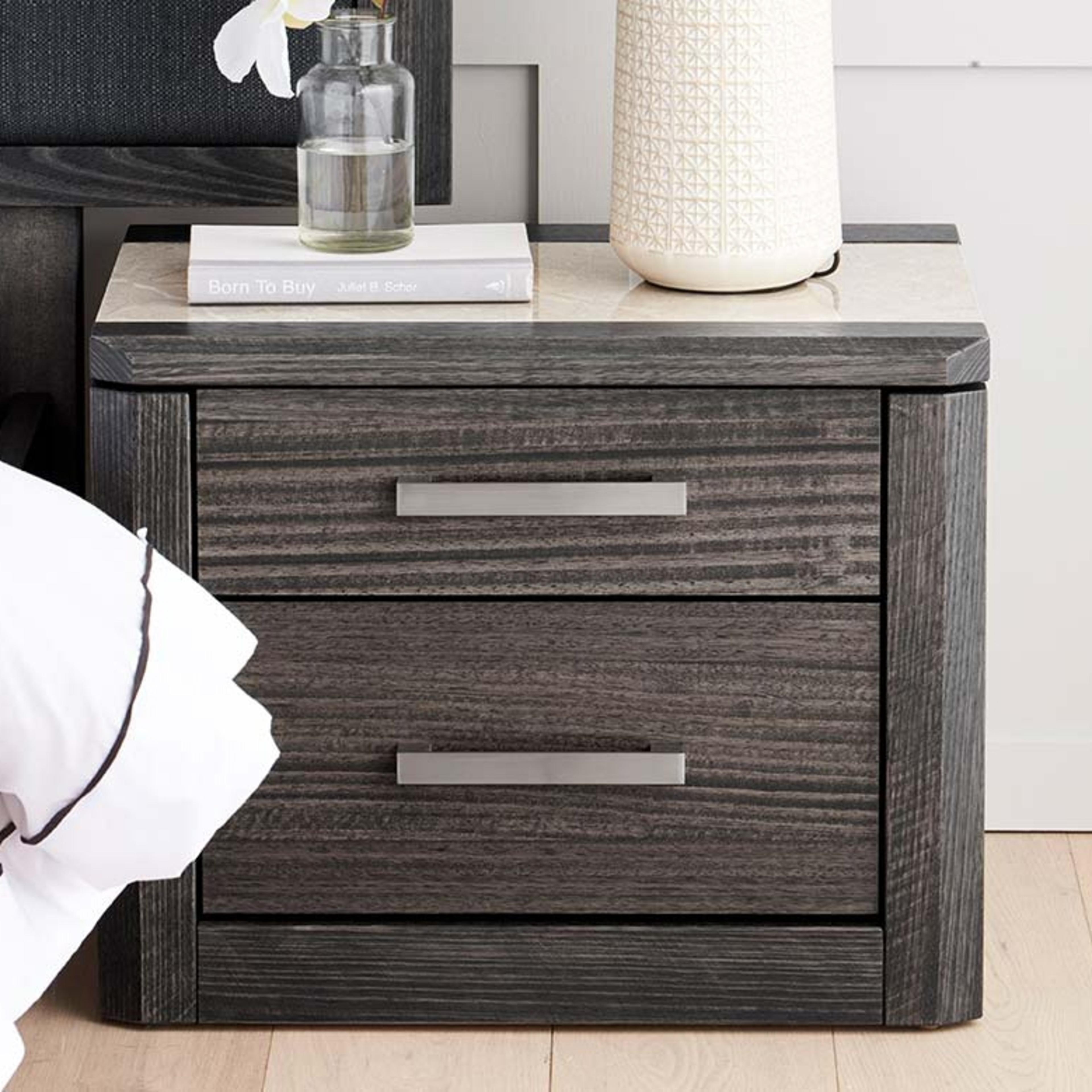 Lifestyle image of the  Maitland Bedside Table (2 Drawer), Charcoal from Forty Winks