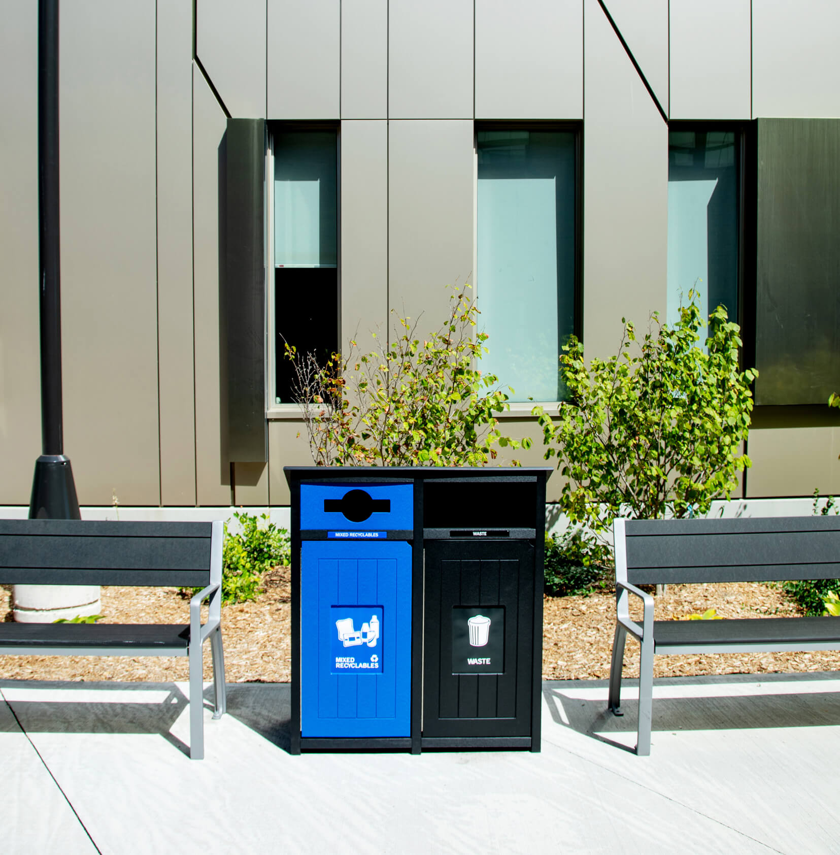 waste and recycling container outside at a university campus
