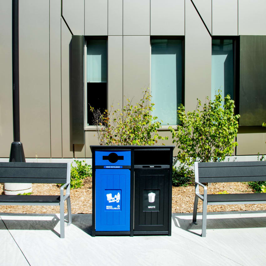 waste and recycling container outside at a university campus