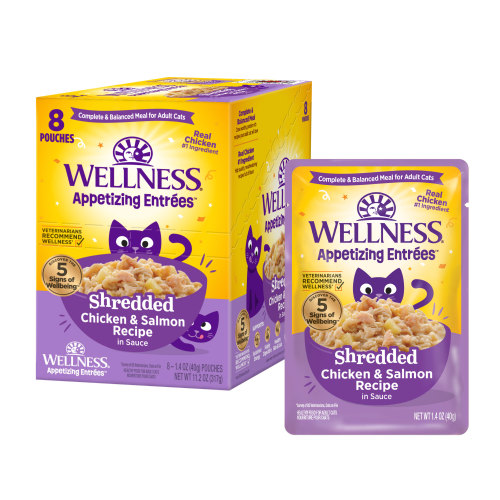 Wellness Appetizing Entrees Shredded Chicken & Salmon Front packaging