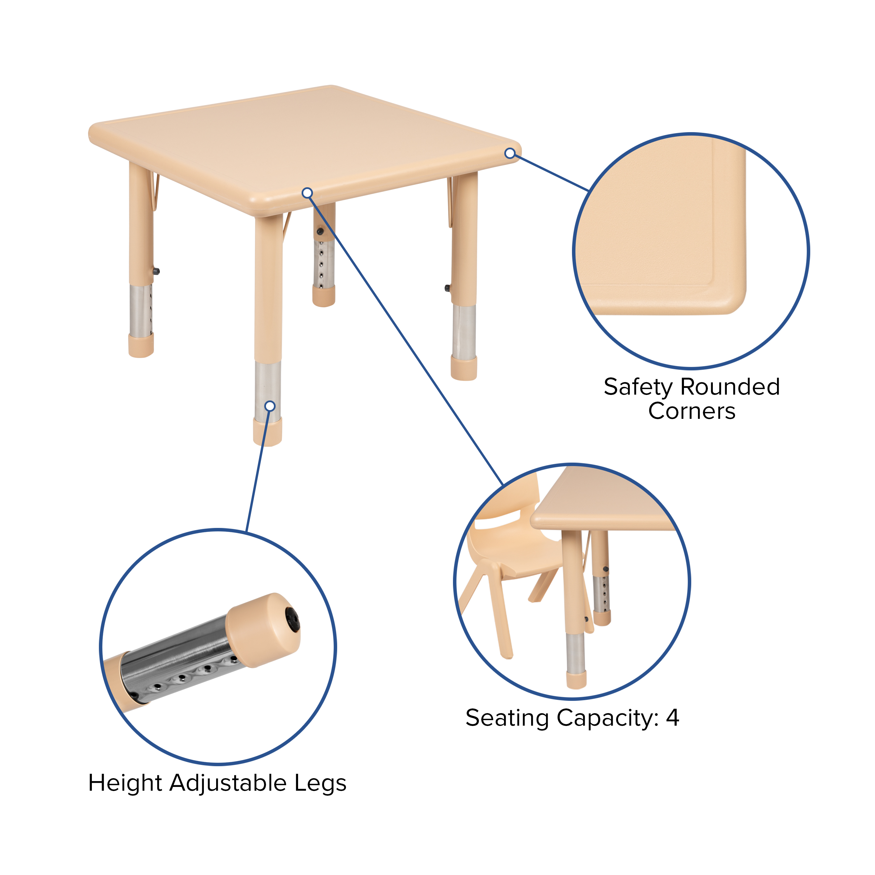24" Square Natural Plastic Height Adjustable Activity Table - School Table for 4 - Picture 18 of 28