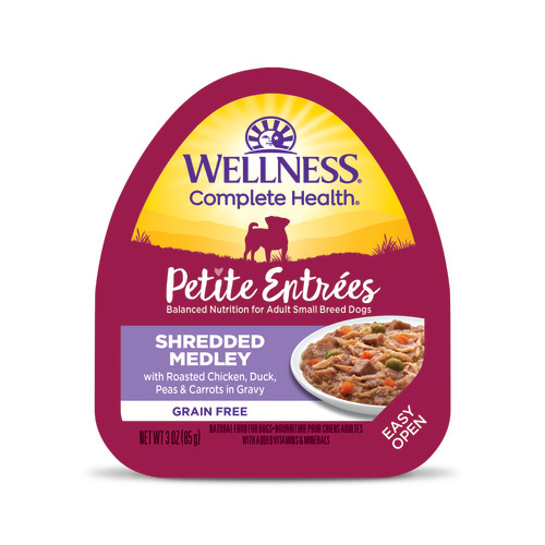 Wellness Complete Health Petite Entrées Shredded Medley Roasted Chicken, Duck, Peas & Carrots Front packaging