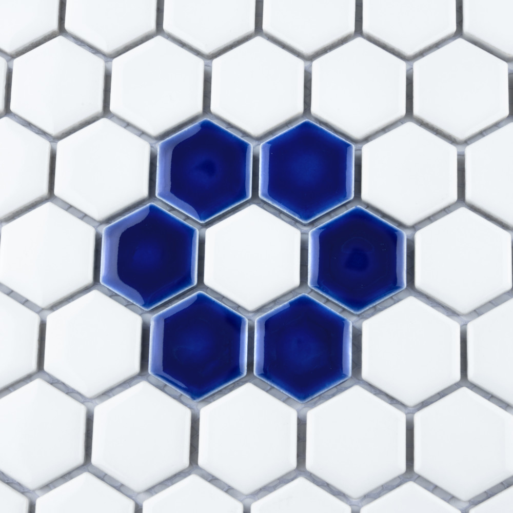 Sample – Metro Ion 1″ Hex Sapphire Single Flower w/ Glossy White Porcelain Mosaic Tile