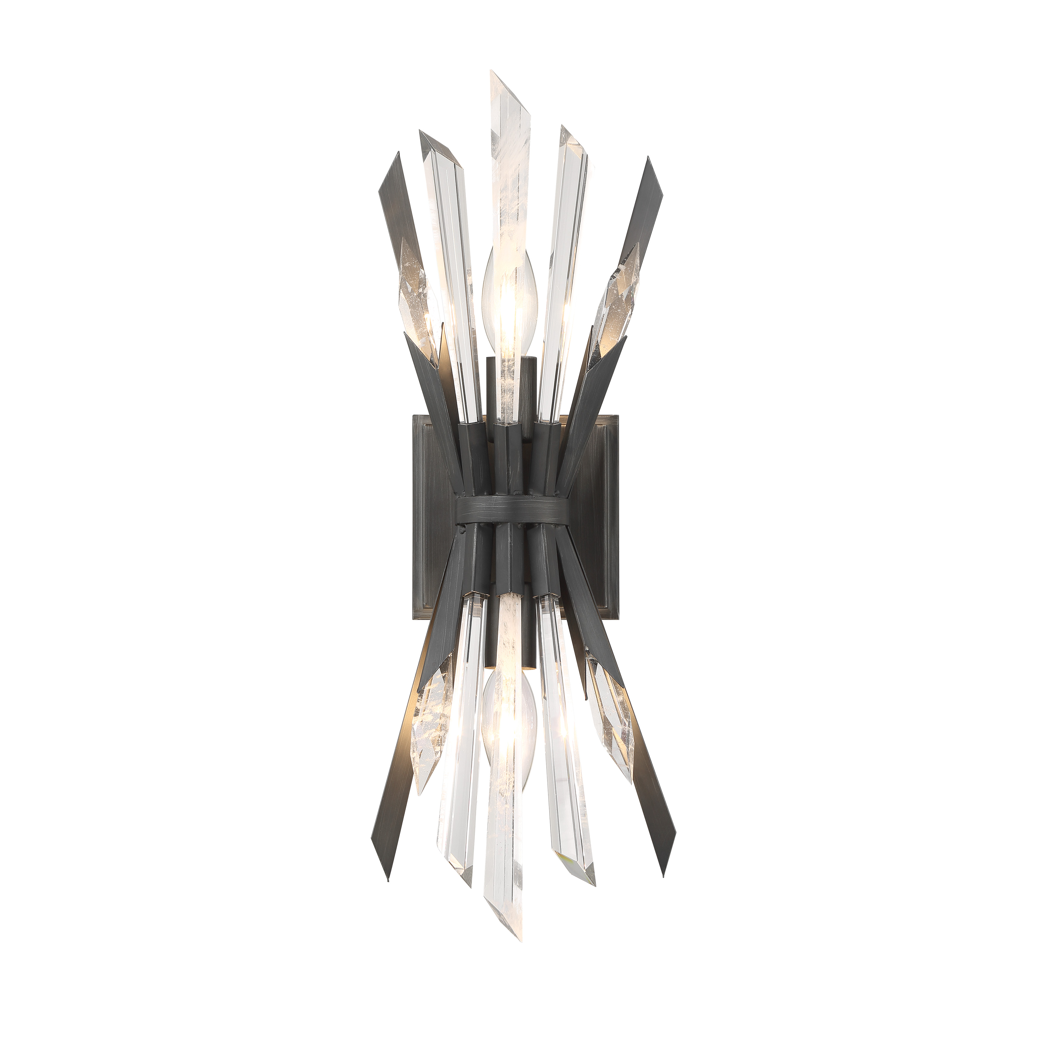 The Elsa wall sconce combines sparkling clear crystal with faux rock accents in a sophisticated Midnight Graphite finish. Its compact 18-inch height makes it perfect for flanking mirrors or creating ambient lighting in smaller spaces. - alternate view