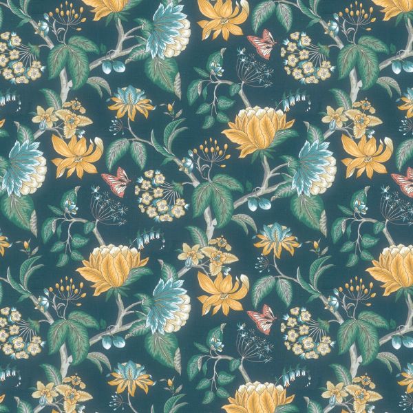Large-scale teal wallpaper featuring yellow and blue botanical blooms and green vines, repeating seamlessly across the surface, shown as a flat, evenly lit decorative swatch.