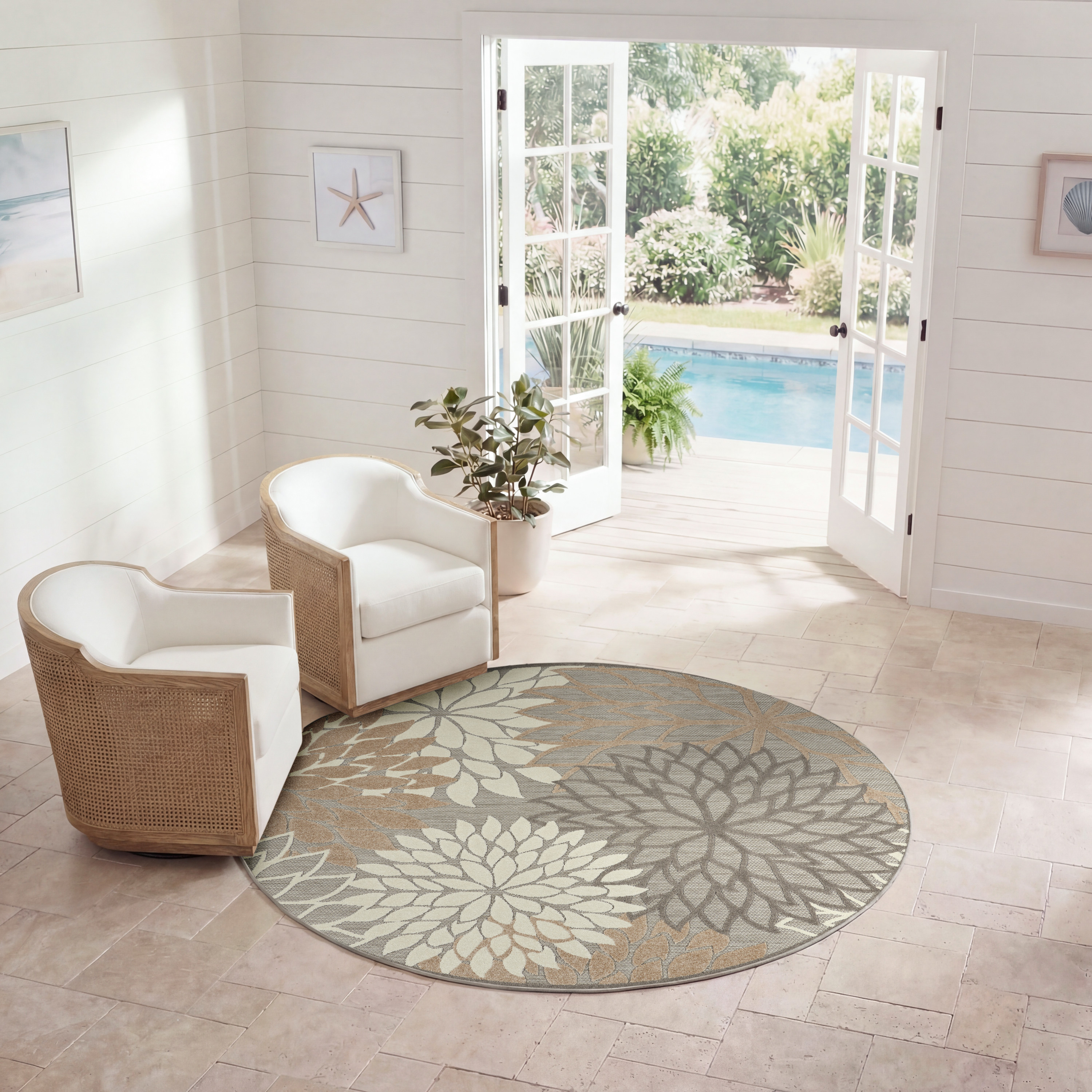 Nourison Aloha 4' x Round Natural Tropical Rug