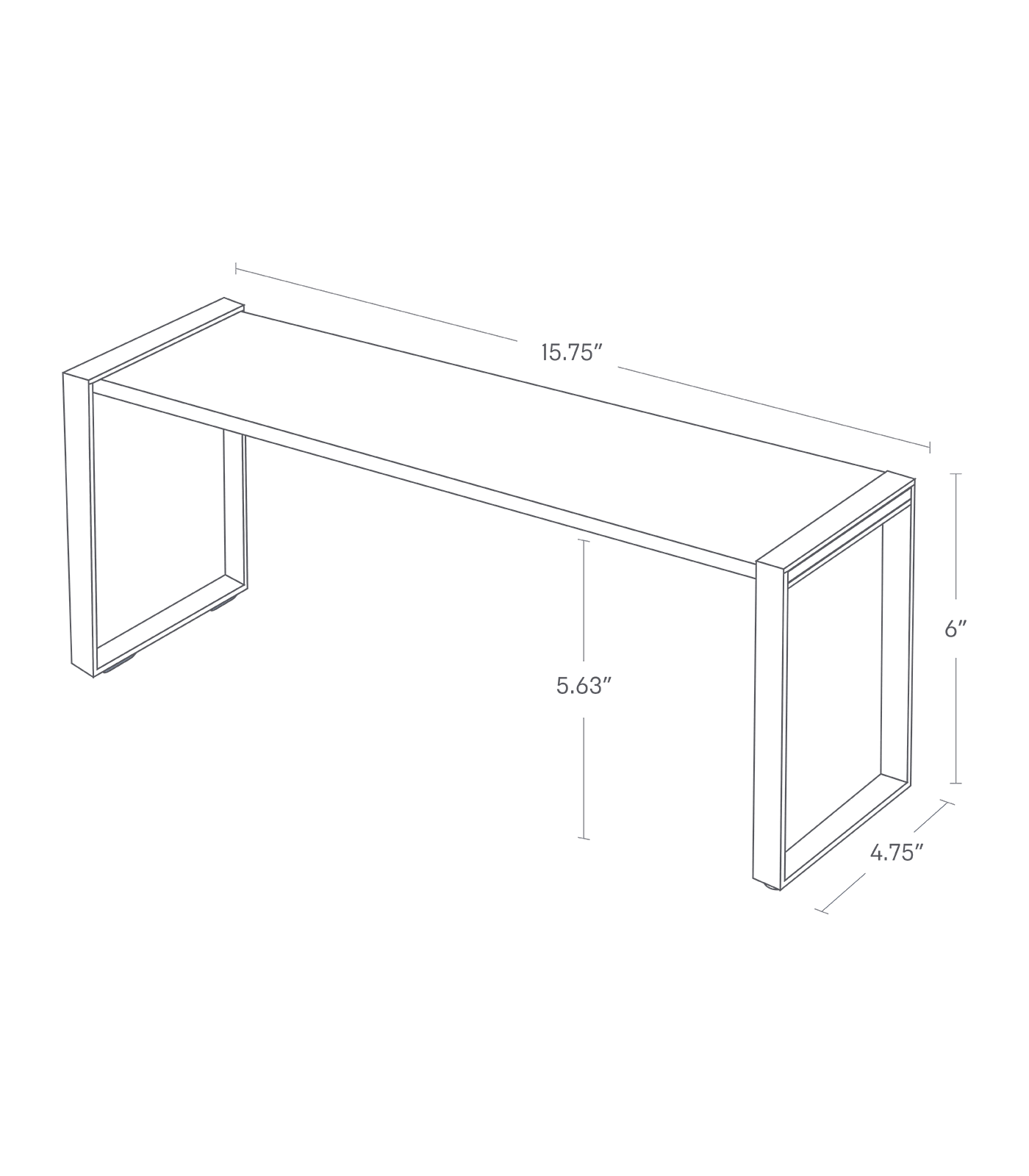 Image dimensionnelle pour le support à un seul niveau montrant une hauteur totale de 6", une longueur de 3,75", une largeur de 15,75", 5,63" pour le dessous du panneau de bois jusqu