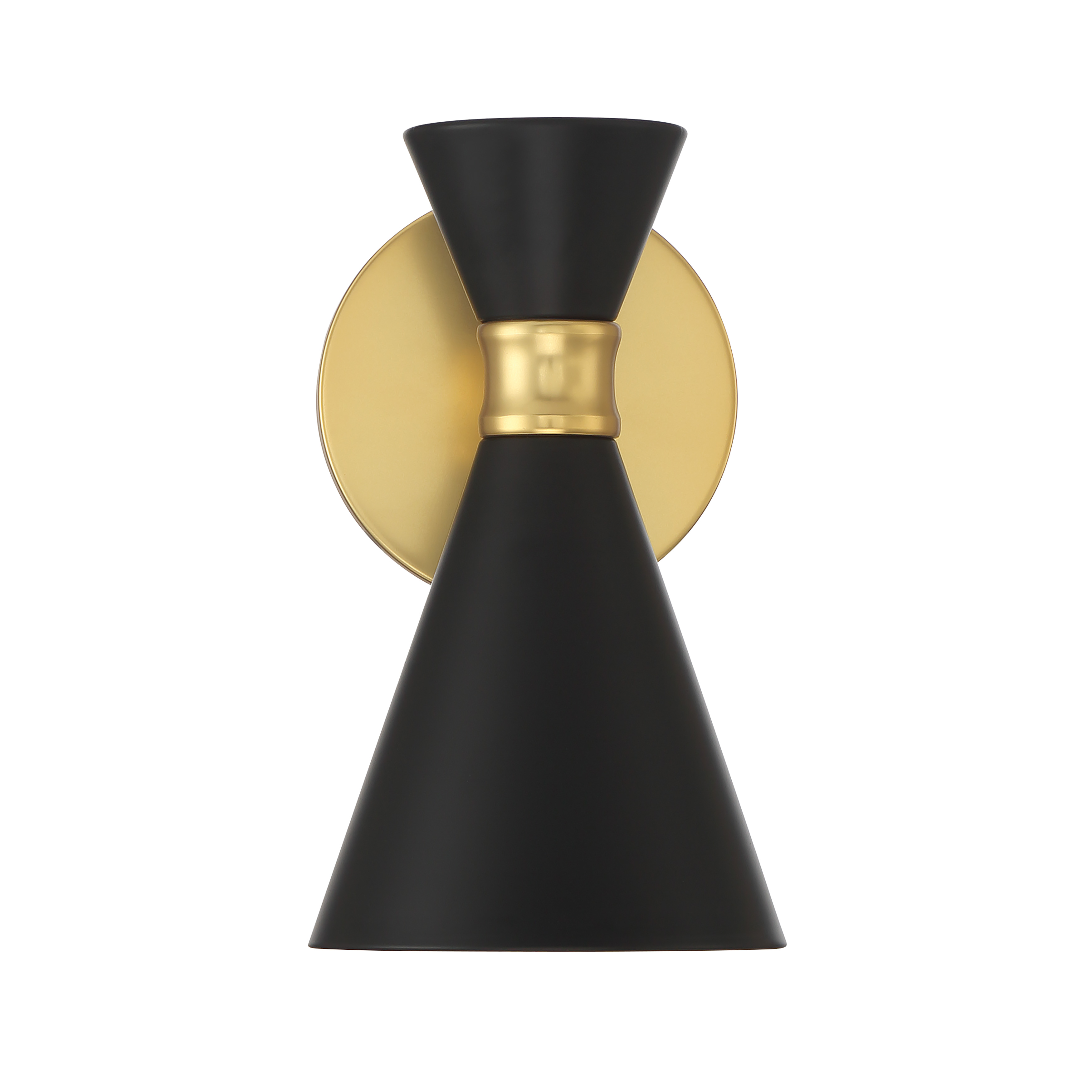 The Conic wall sconce combines a warm honey gold finish with industrial coal metal shades in a compact design. Perfect for adding ambient lighting in smaller spaces or as accent lighting in hallways and bathrooms. - alternate view