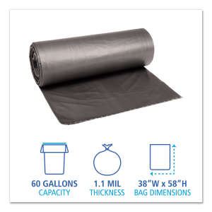 Boardwalk,  LLDPE Liner, 60 gal Capacity, 38 in Wide, 58 in High, 1.1 Mils Thick, Gray