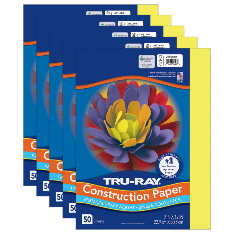 Construction Paper, Heavyweight, Lively Lemon, 9" x 12", 50 Sheets Per Pack, 5 Packs