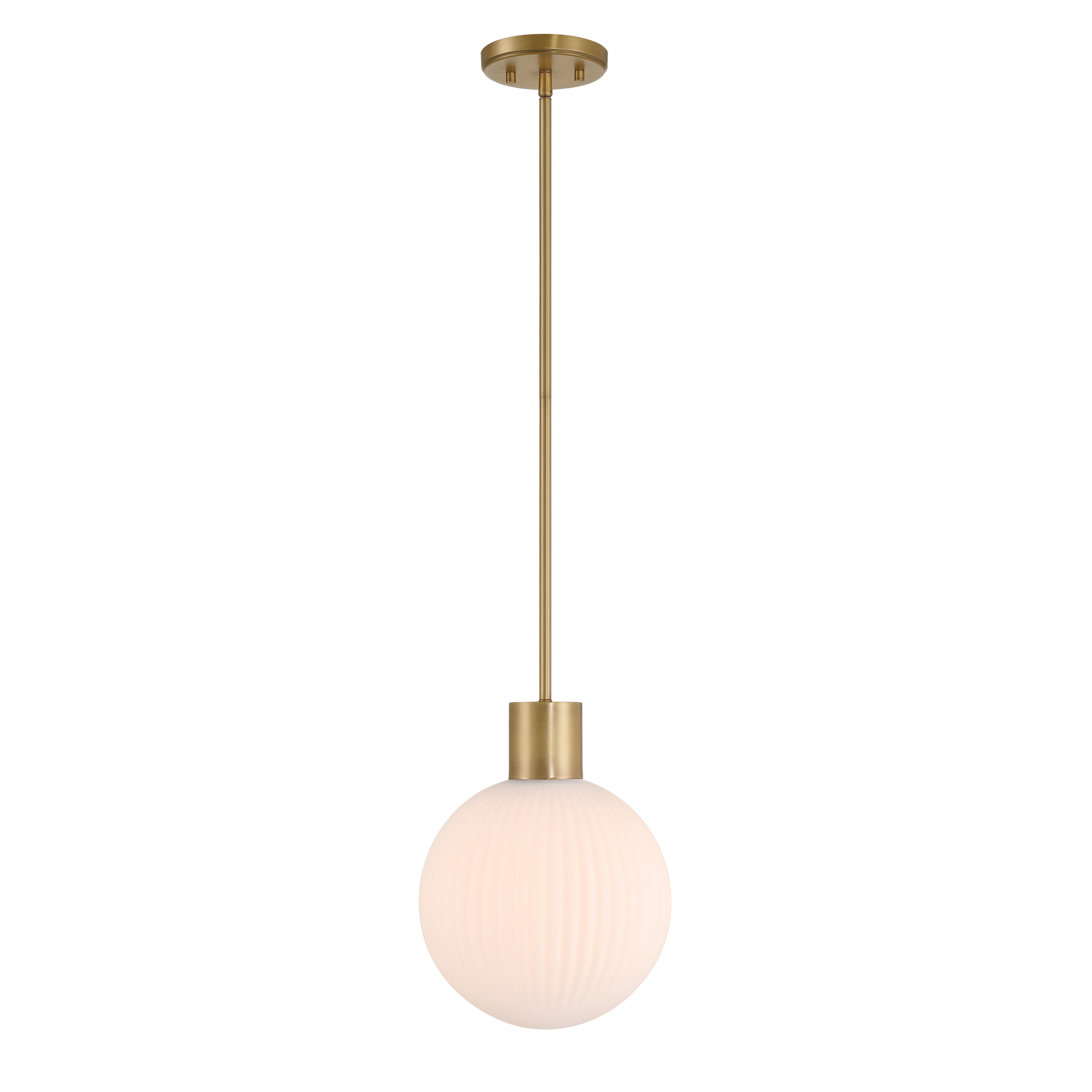 The Fenton 10" pendant combines modern styling with warm brass tones and distinctive white striped glass. Its compact 10-inch diameter makes it perfect for smaller spaces or multiples over islands. - alternate view