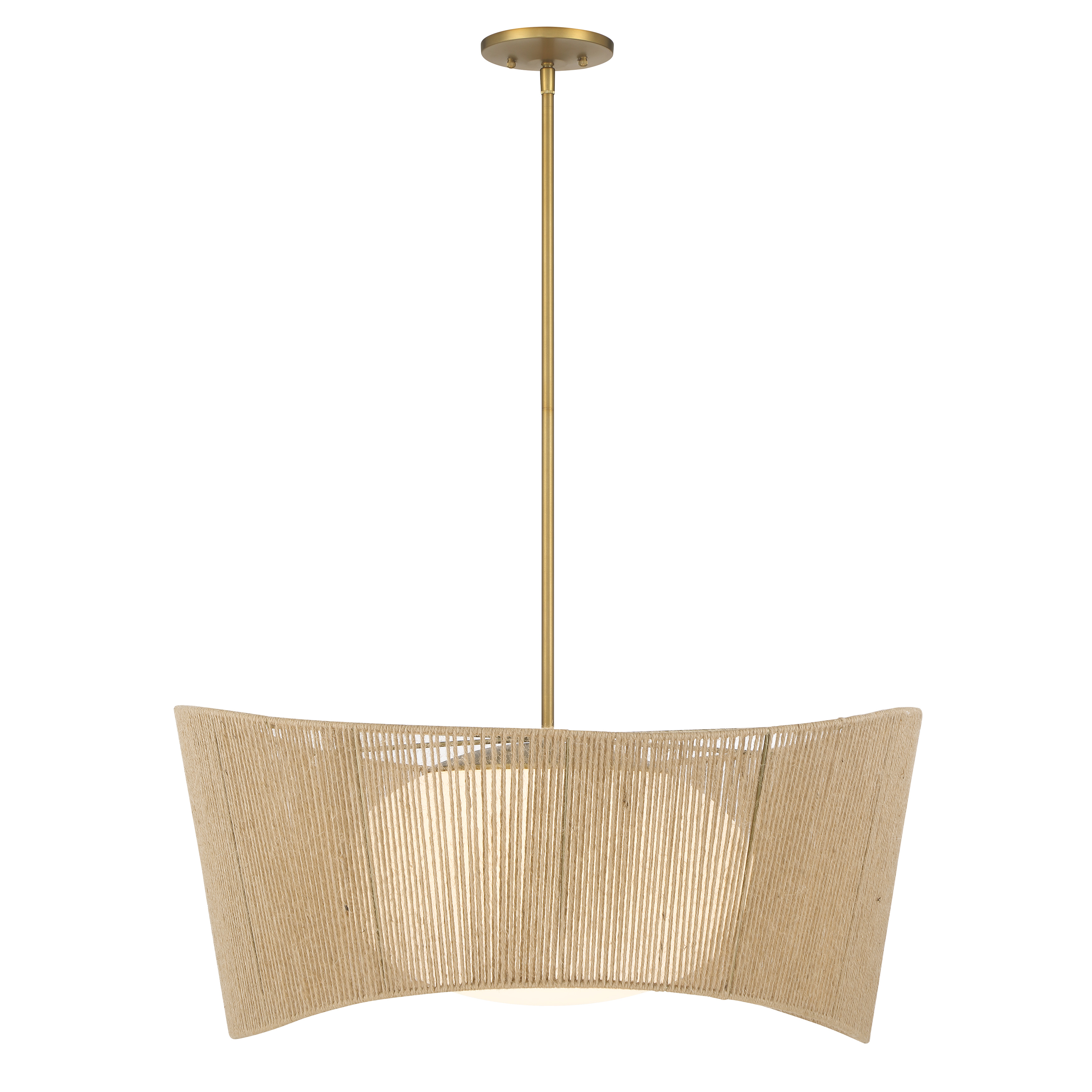 The Key Largo pendant brings relaxed coastal elegance with its generous 28-inch diameter and soft brass finish. The etched opal glass diffuses light beautifully while rope detailing adds nautical charm, making it perfect for casual dining spaces. - alternate view