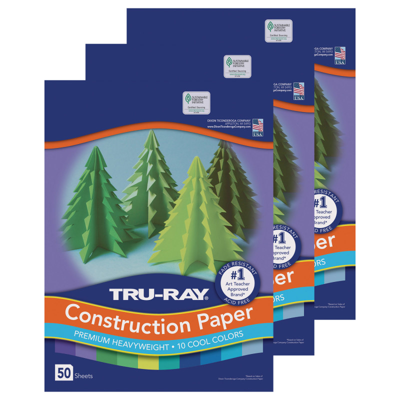 Construction Paper, Heavyweight, Cool Assorted, 12" x 18", 50 Sheets Per Pack, 3 Packs