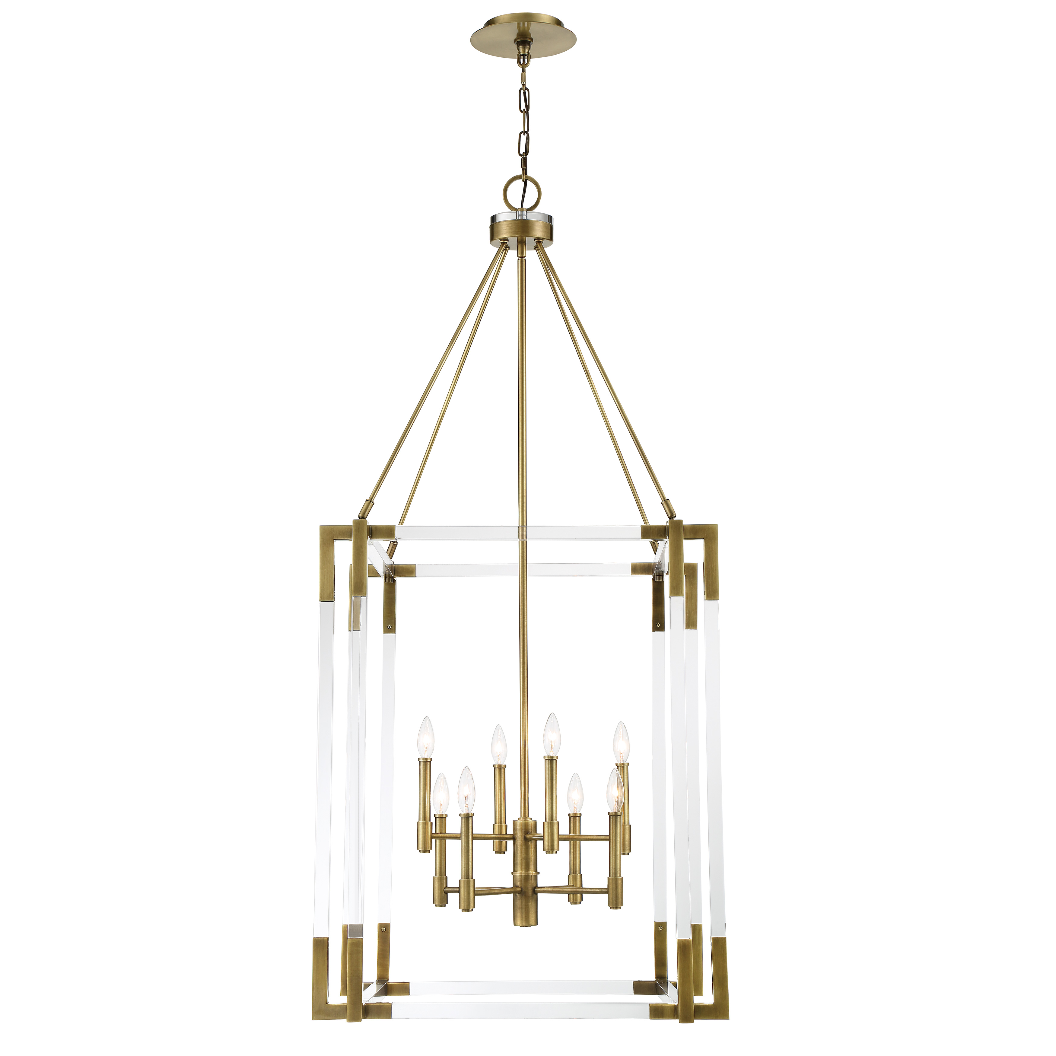 The Prima Vista pendant combines transitional elegance with dramatic scale, featuring 8 candelabra lights surrounded by crystal and acrylic accents in an aged antique brass finish. Perfect for grand dining rooms and foyers. - alternate view
