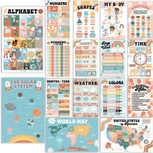 Retro Boho Preschool Educational Laminated Posters For Toddlers, Set of 16