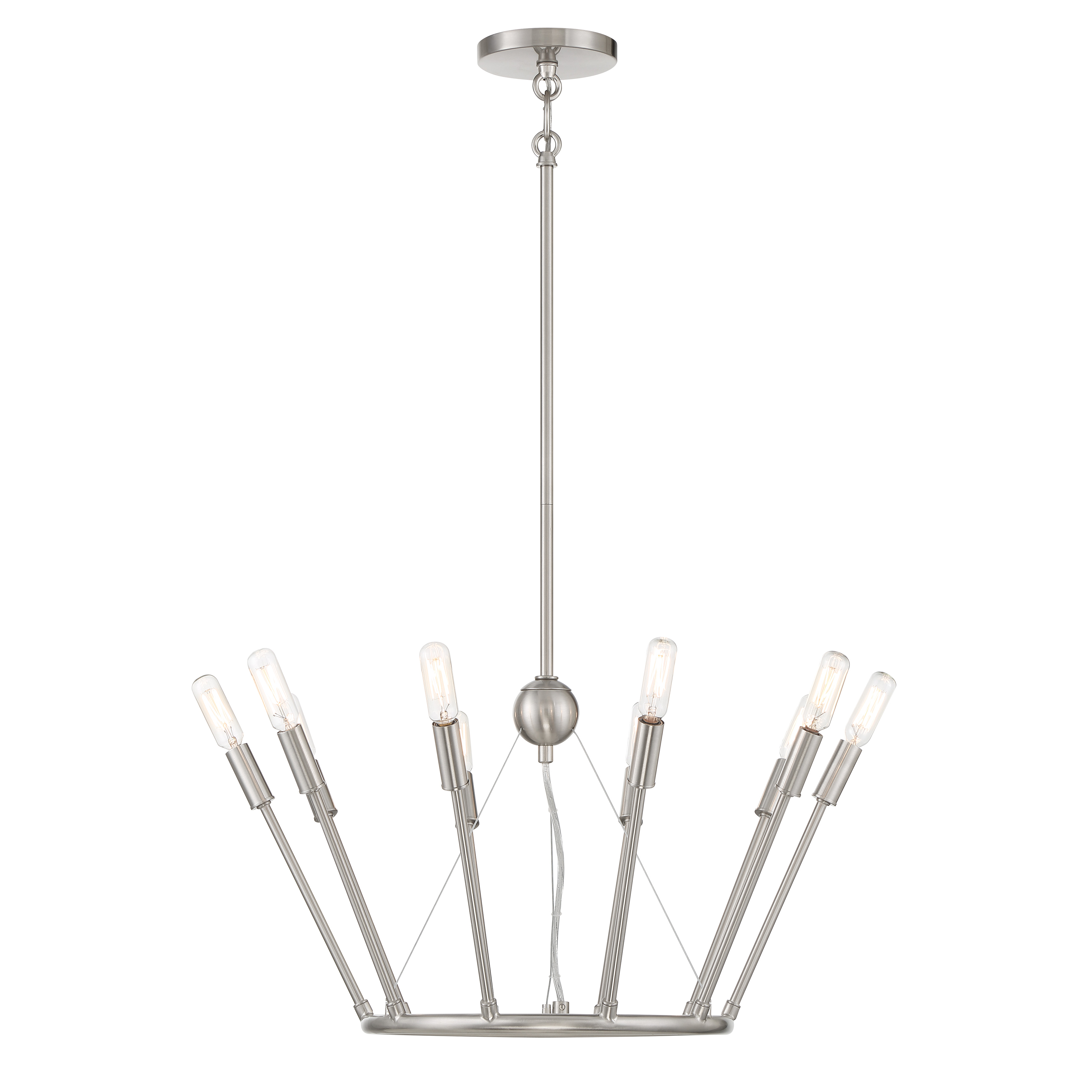 The Royalty chandelier brings elegant illumination with 10 candelabra lights in a refined brushed nickel finish. Its 22.75-inch width makes it versatile for medium-sized spaces, while the transitional design bridges traditional and contemporary styles. - alternate view