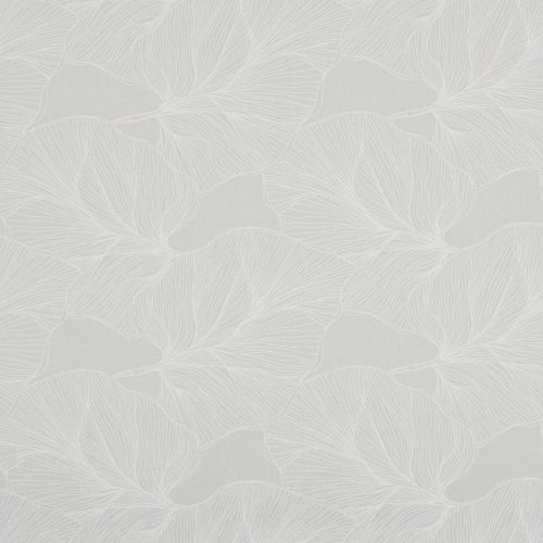 Pale grey wallpaper with large overlapping white line-drawn leaves; repeating pattern covering a wall, providing subtle botanical texture in a softly lit, neutral interior.