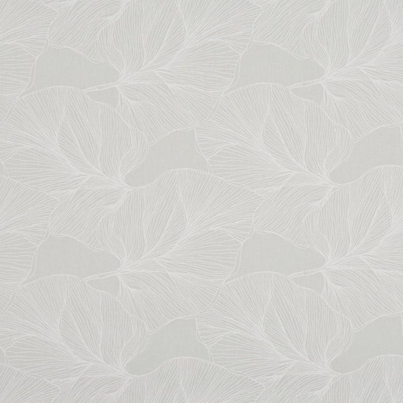 Pale grey wallpaper with large overlapping white line-drawn leaves; repeating pattern covering a wall, providing subtle botanical texture in a softly lit, neutral interior.