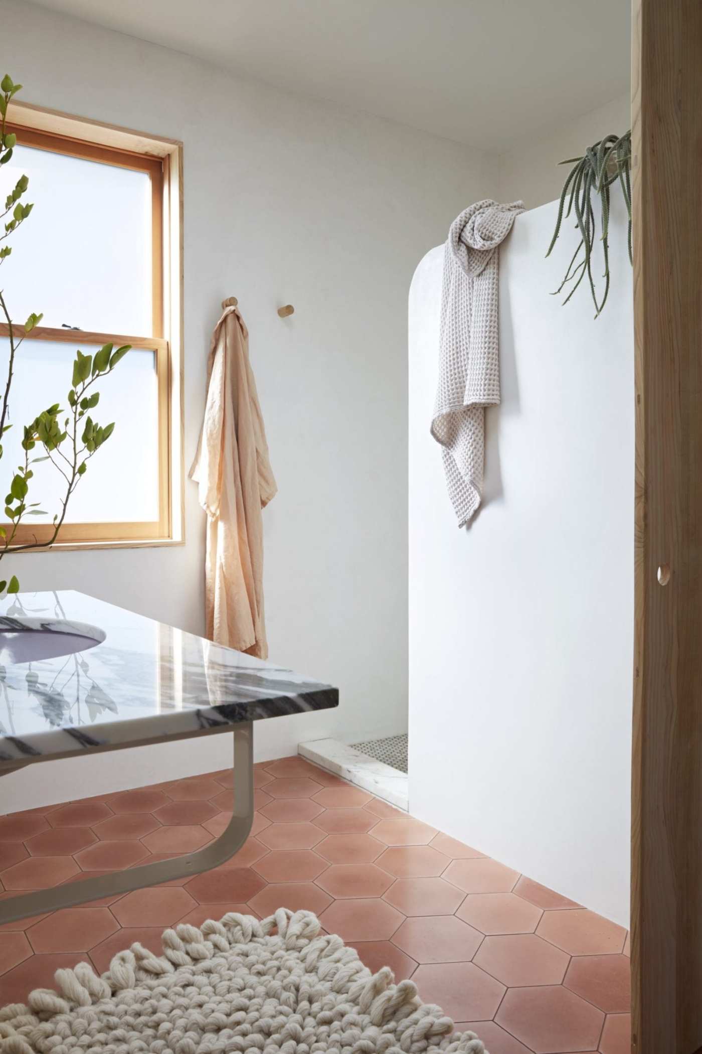 a bathroom with a window and a plant on a table.