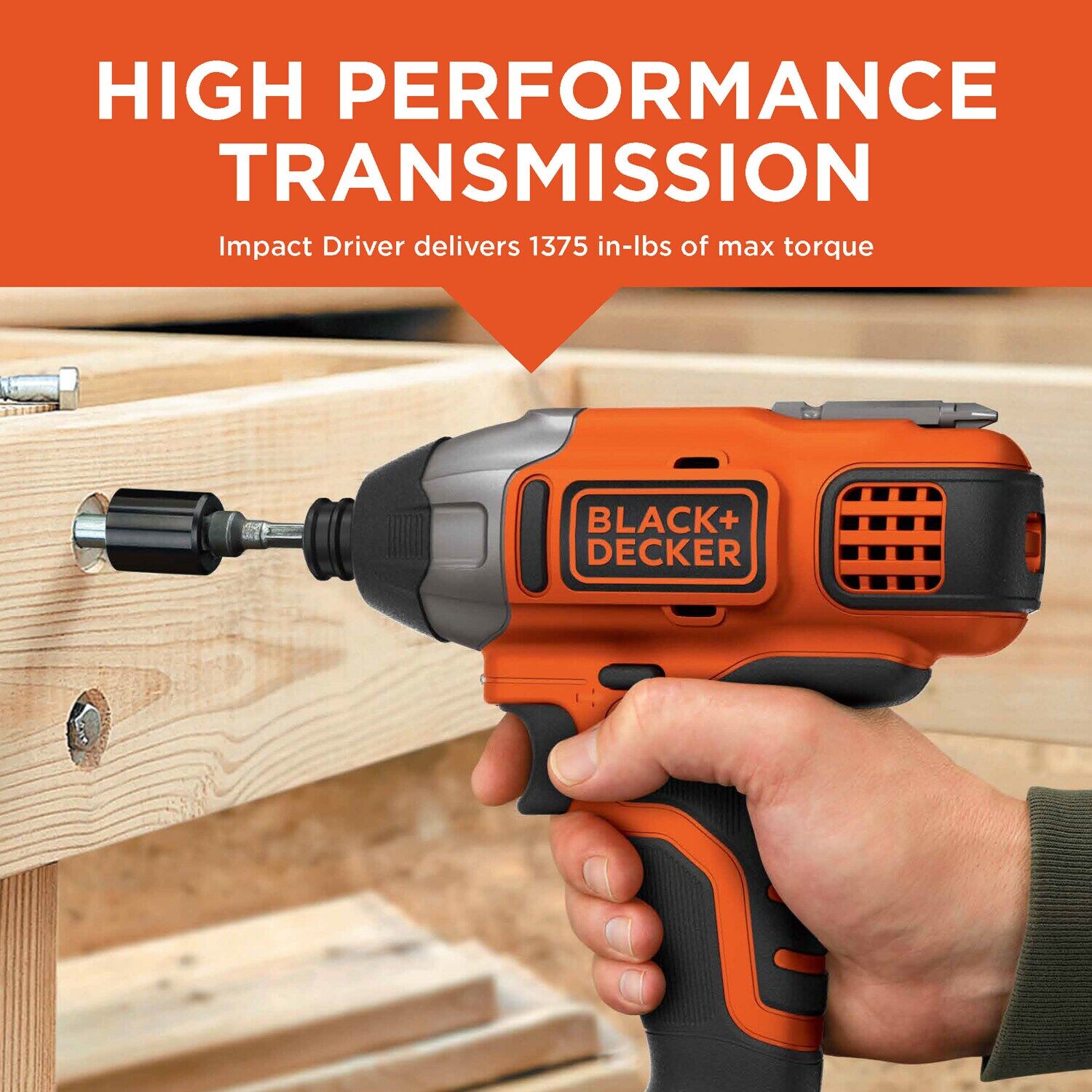 Person using a Black and Decker 20 volt max lithium ion cordless impact driver to drve a screw into wooden material