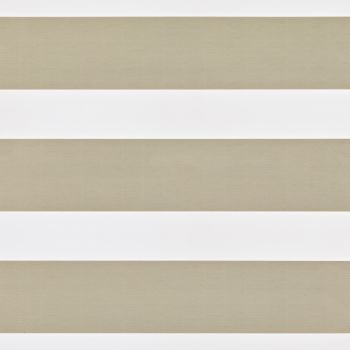 Zebra-style roller blind with alternating opaque white and semi-sheer beige herringbone-pattern bands, aligned horizontally and overlapping to partially filter light, set against a neutral-lit interior window area.