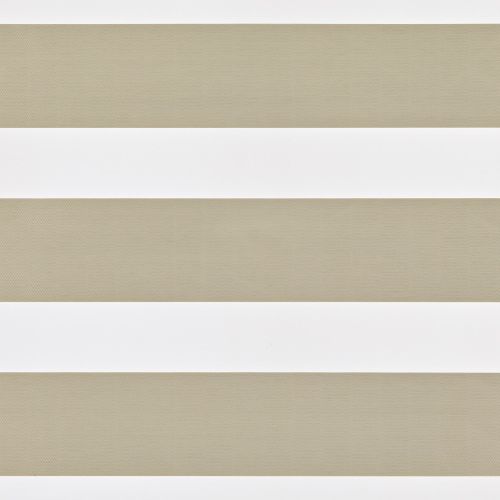 Zebra-style roller blind with alternating opaque white and semi-sheer beige herringbone-pattern bands, aligned horizontally and overlapping to partially filter light, set against a neutral-lit interior window area.