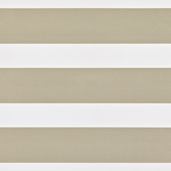 Zebra-style roller blind with alternating opaque white and semi-sheer beige herringbone-pattern bands, aligned horizontally and overlapping to partially filter light, set against a neutral-lit interior window area.