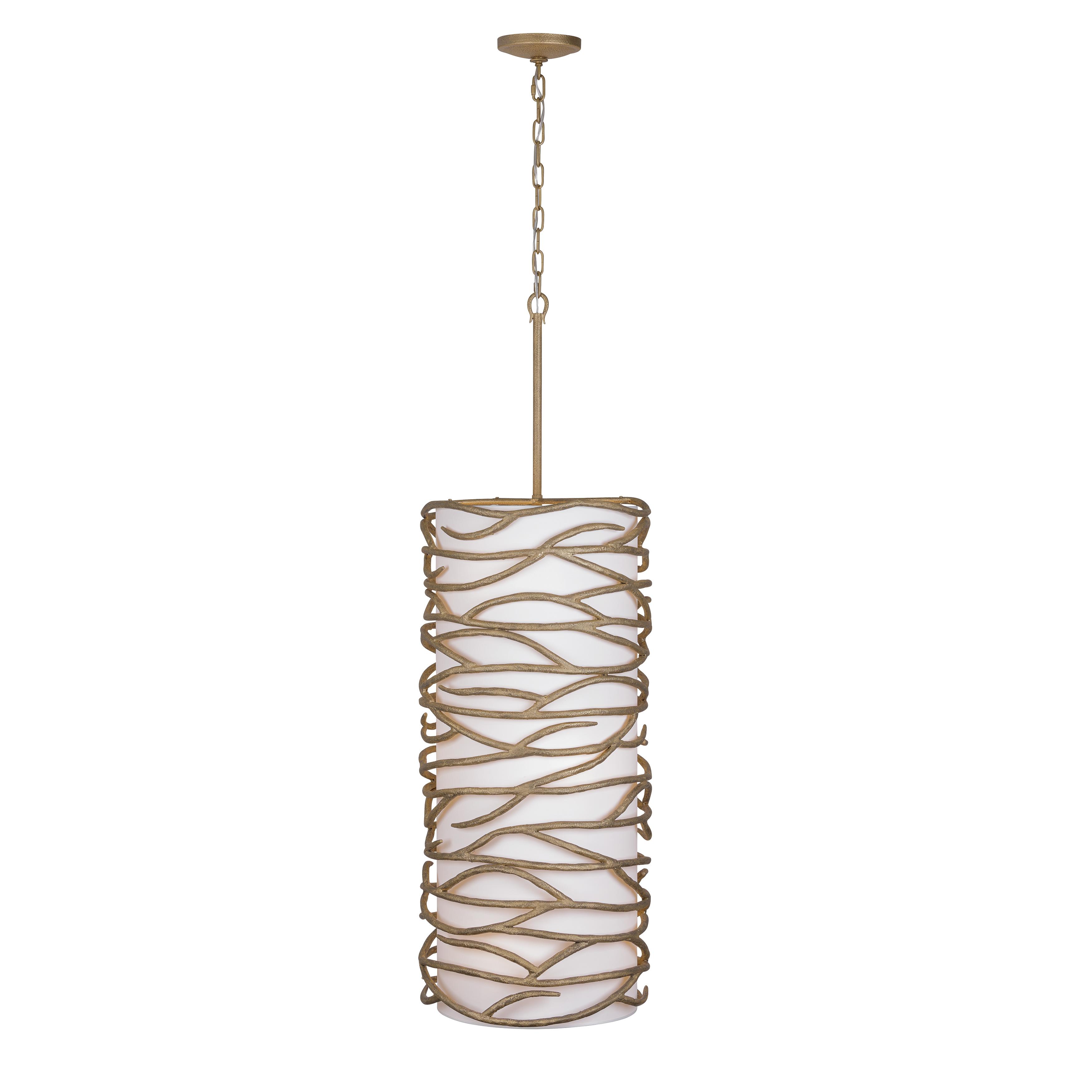 The Branch Reality pendant combines contemporary design with warm Ashen Gold finish and white fabric shades. Its 9-light configuration provides ample illumination for foyers and entryways while the adjustable chain allows customization. - alternate view