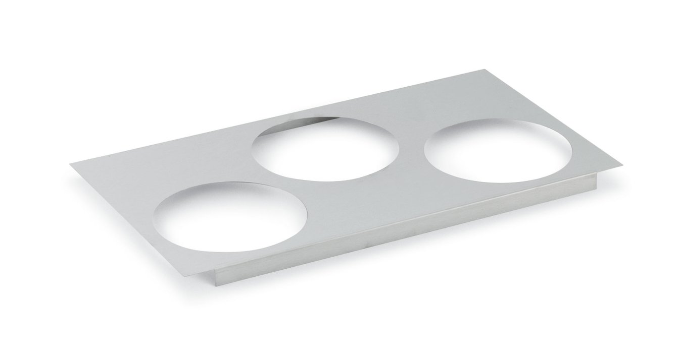 Stainless steel adaptor plate with three 6 ½-inch round cutouts for thermoset steam table well