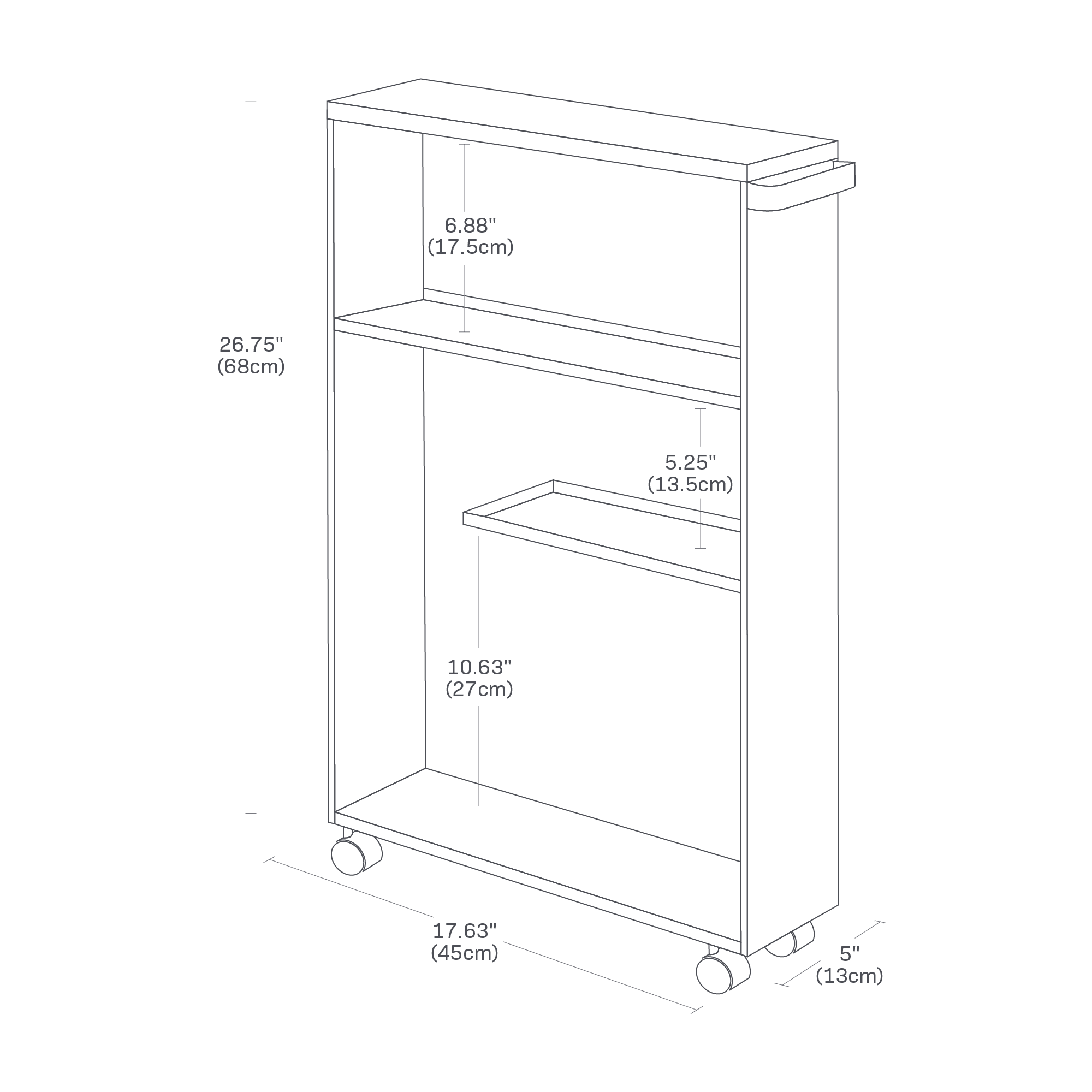Dimension image for Rolling Storage Carton a white background showinglength of 17.63 inches, width of 5 inches, height of 26.75  inches. The top shelf has a height of 6.88 inches. A short divider is placed in the bottom shelf at a height of 10.63 inches.