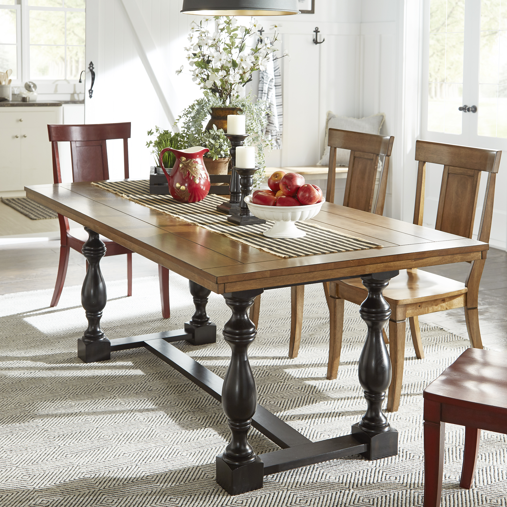 78-inch Oak Top Dining Table with Turned Leg Trestle Base