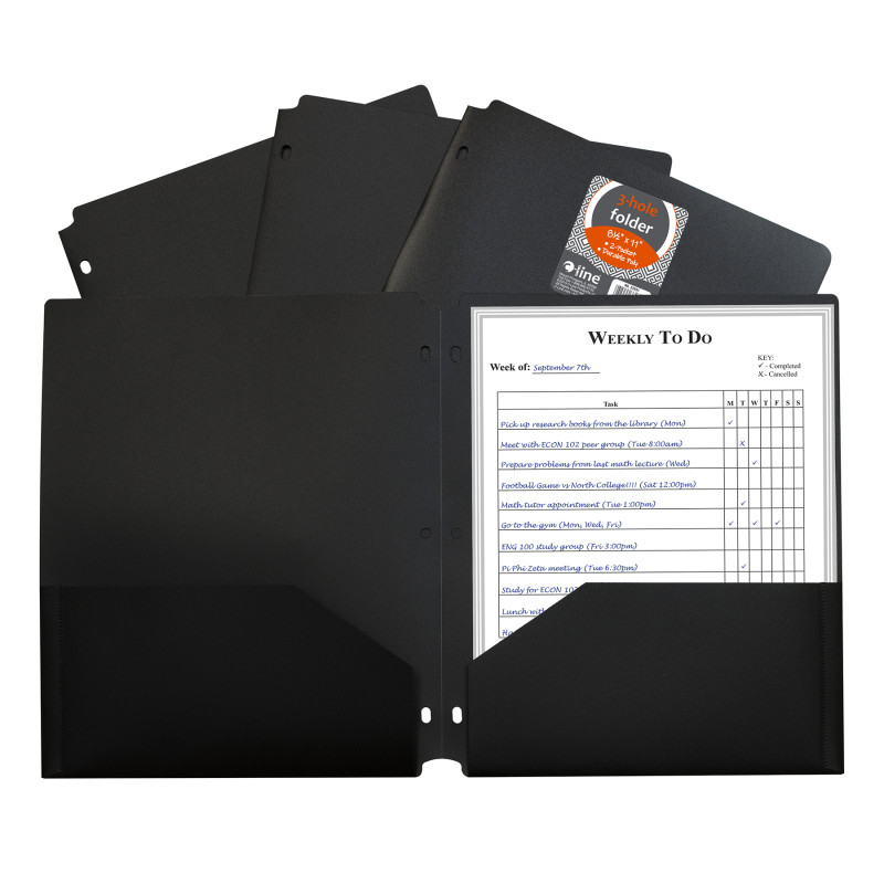 Two-Pocket Heavyweight Poly Portfolio Folder with Three-Hole Punch, Black, Each