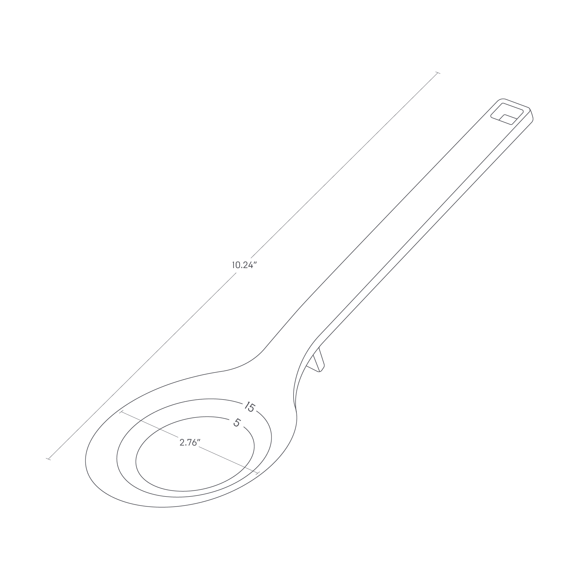 The image shows a floating cooking spoon with a total length of 10.24" and a spoon head diameter of 2.76". Measurement rings marked with 5 and 15 are visible inside the spoon bowl.